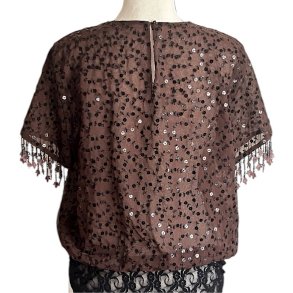 Sequin Beaded Sequin Chocolate Brown Bodysuit Medium Fringe Fall Holiday USA - Picture 7 of 13